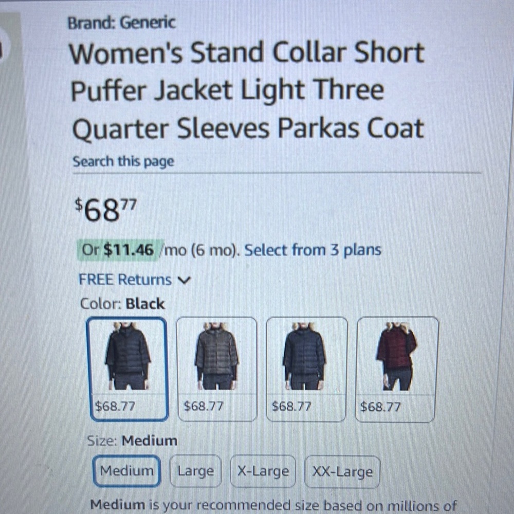 Women's 3/4 Sleeve Black Puffer Jacket - Picture 5 of 6